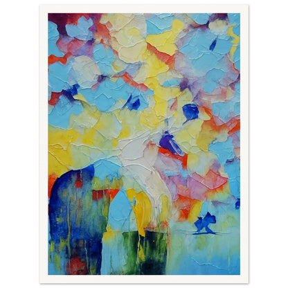 An abstract painting featuring a horse in vibrant colors with a textured, layered background. The use of bold blues, yellows, and reds creates a dynamic and whimsical scene.