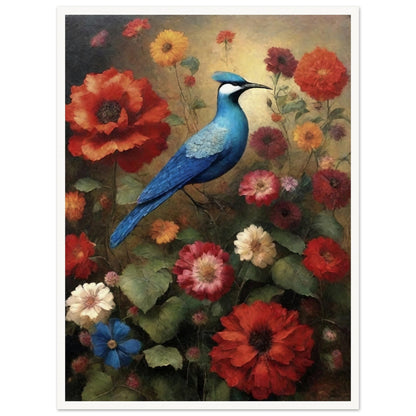 "A vibrant painting of a blue bird perched among blooming flowers in red, orange, and pink hues, set against a soft, warm background."