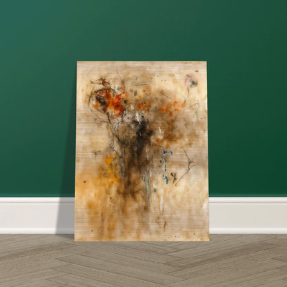An expressive abstract painting featuring gestural lines, smoky textures, and warm earth-toned washes. Hints of a human-like form emerge from layered marks of black, rust, cream, and subtle blue against a parchment-colored background.