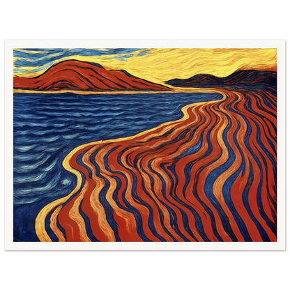 A bold coastal painting with flowing red, blue, and gold lines merging land and sea in a fiery, rhythmic motion.