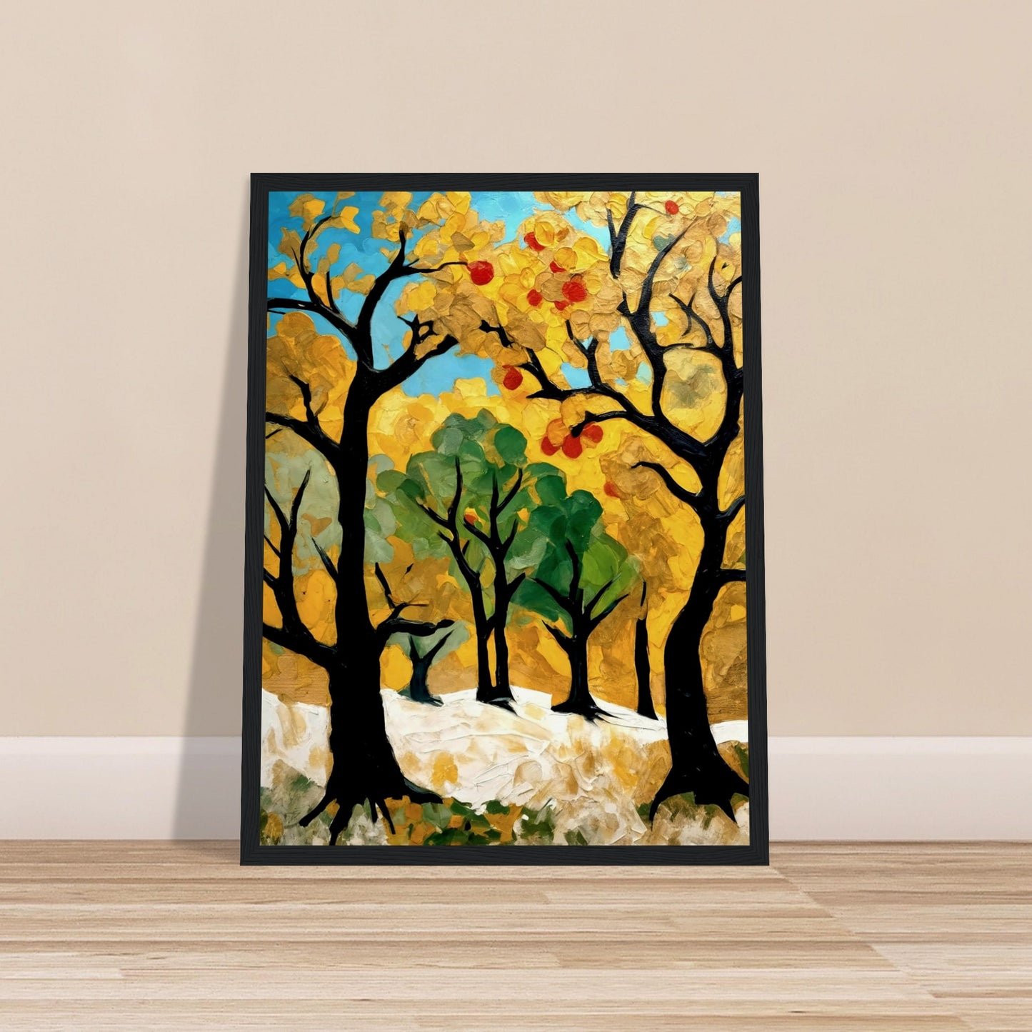 A vibrant painting of golden and green trees with hints of red fruit, capturing the essence of an autumn orchard bathed in sunlight.