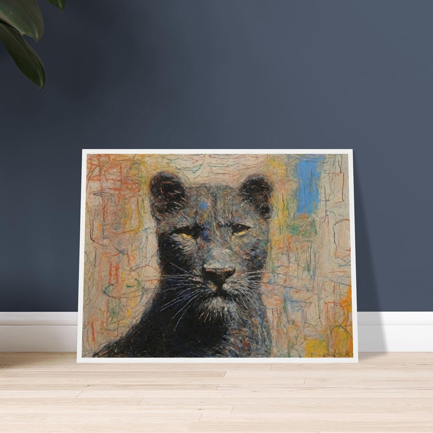 A powerful and regal painting of a panther with piercing yellow eyes and a colorful abstract background.