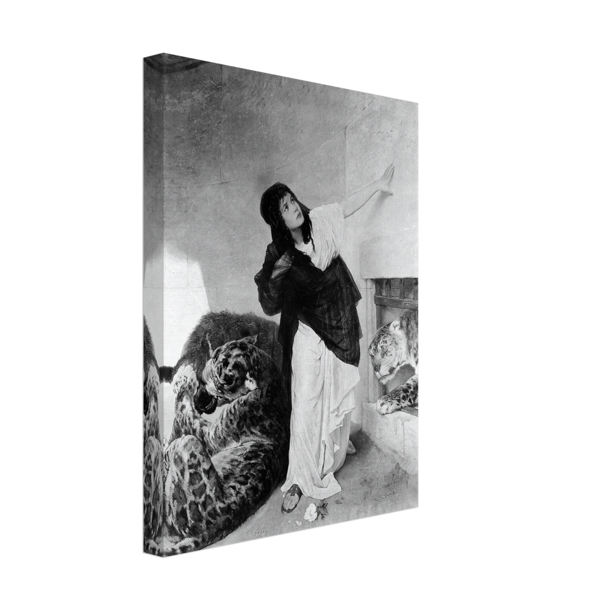 A woman in flowing robes gestures upward beside two resting tigers in a dramatic Orientalist scene.