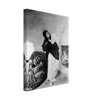 A woman in flowing robes gestures upward beside two resting tigers in a dramatic Orientalist scene.