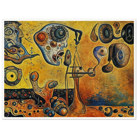A surreal painting with abstract faces, clock-like elements, and strange forms balanced on a scale, set against a vibrant yellow background.