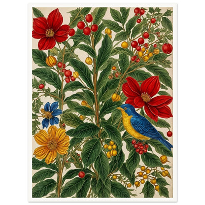 A vibrant scene with red, yellow, and blue flowers intertwined with rich green leaves and berries, featuring a blue and yellow bird perched on a branch.