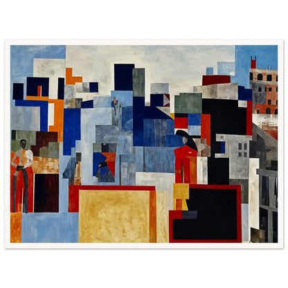 A vibrant abstract painting depicting a cityscape with various geometric shapes and colors, highlighting figures and buildings in red, blue, and gray tones.