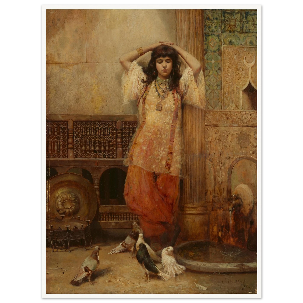 A young woman stands beside an ornate courtyard fountain with pigeons gathered at her feet.