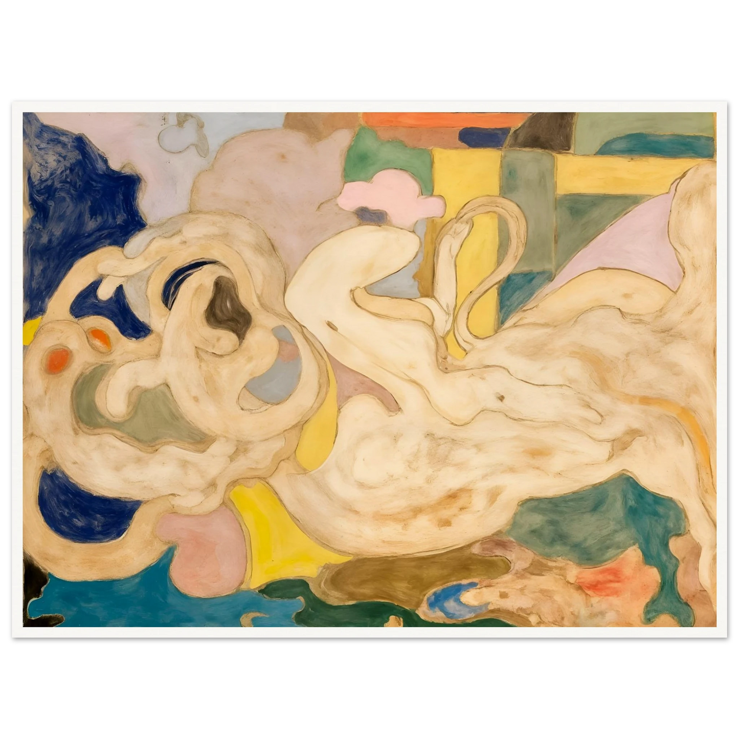 Cream-toned flowing shapes weave through soft blocks of blue, green, yellow, and pink in a dreamlike composition.f
