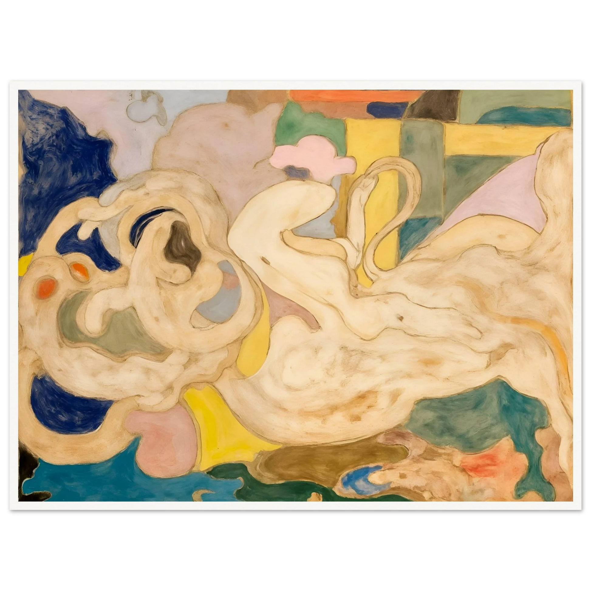 Cream-toned flowing shapes weave through soft blocks of blue, green, yellow, and pink in a dreamlike composition.f