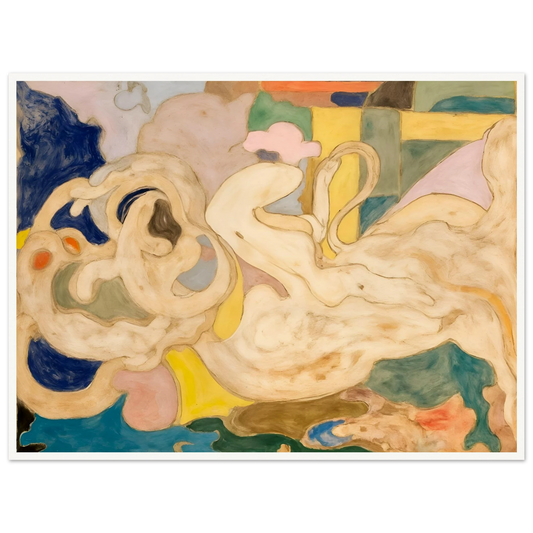 Cream-toned flowing shapes weave through soft blocks of blue, green, yellow, and pink in a dreamlike composition.f