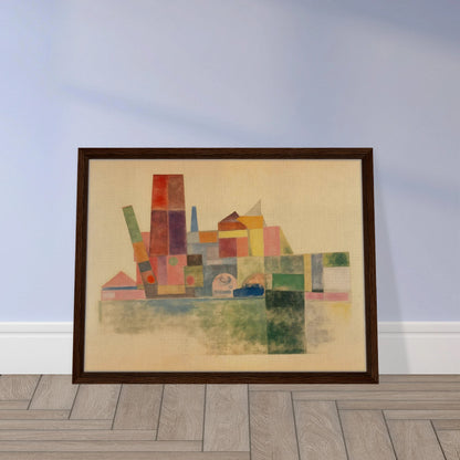 A pastel-toned cityscape made of overlapping geometric blocks in soft reds, greens, yellows, and blues against a beige backdrop.