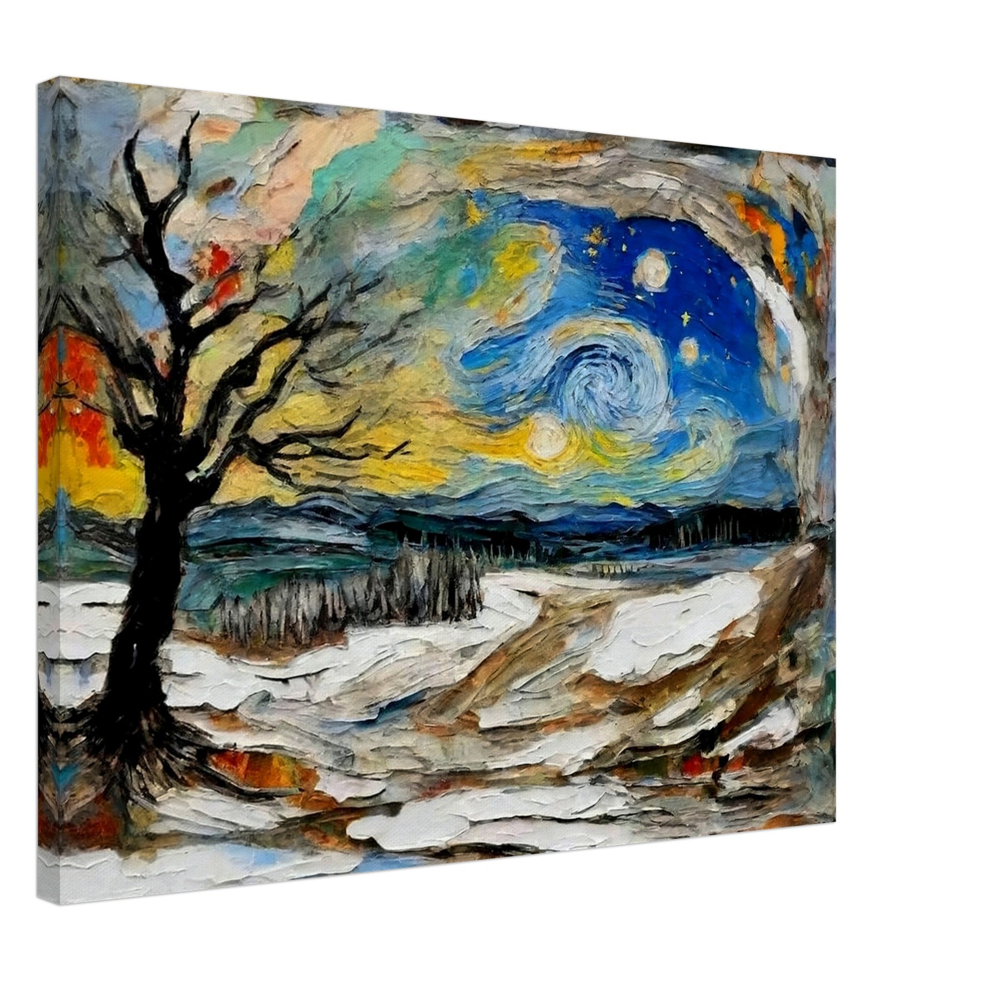 Vibrant painting of a night landscape with swirling stars, a bare tree, snowy ground, and dynamic colors evoking motion and energy