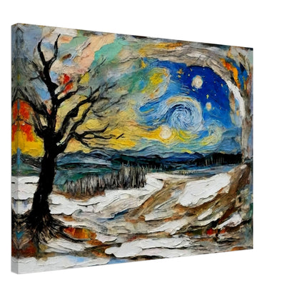 Vibrant painting of a night landscape with swirling stars, a bare tree, snowy ground, and dynamic colors evoking motion and energy