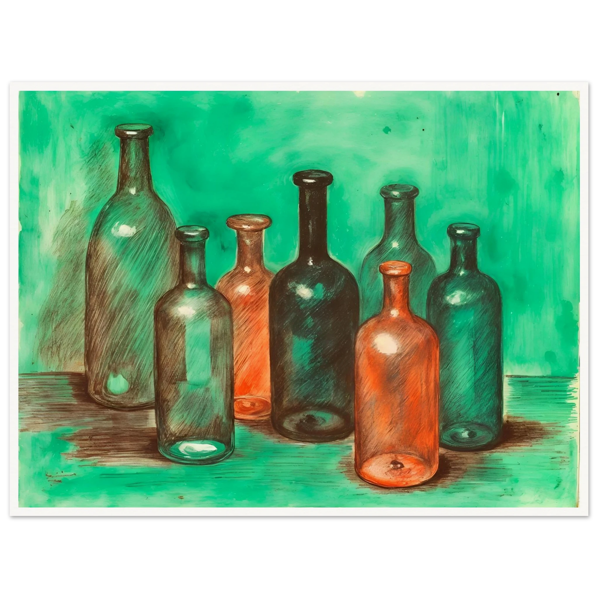 A collection of teal, amber, and smoky glass bottles stands together against a luminous green backdrop, blending stillness with vintage charm.