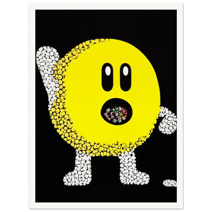 A playful pop-art depiction of a yellow circular figure made up of small white and yellow dots, with an open mouth filled with colorful shapes on a black background.