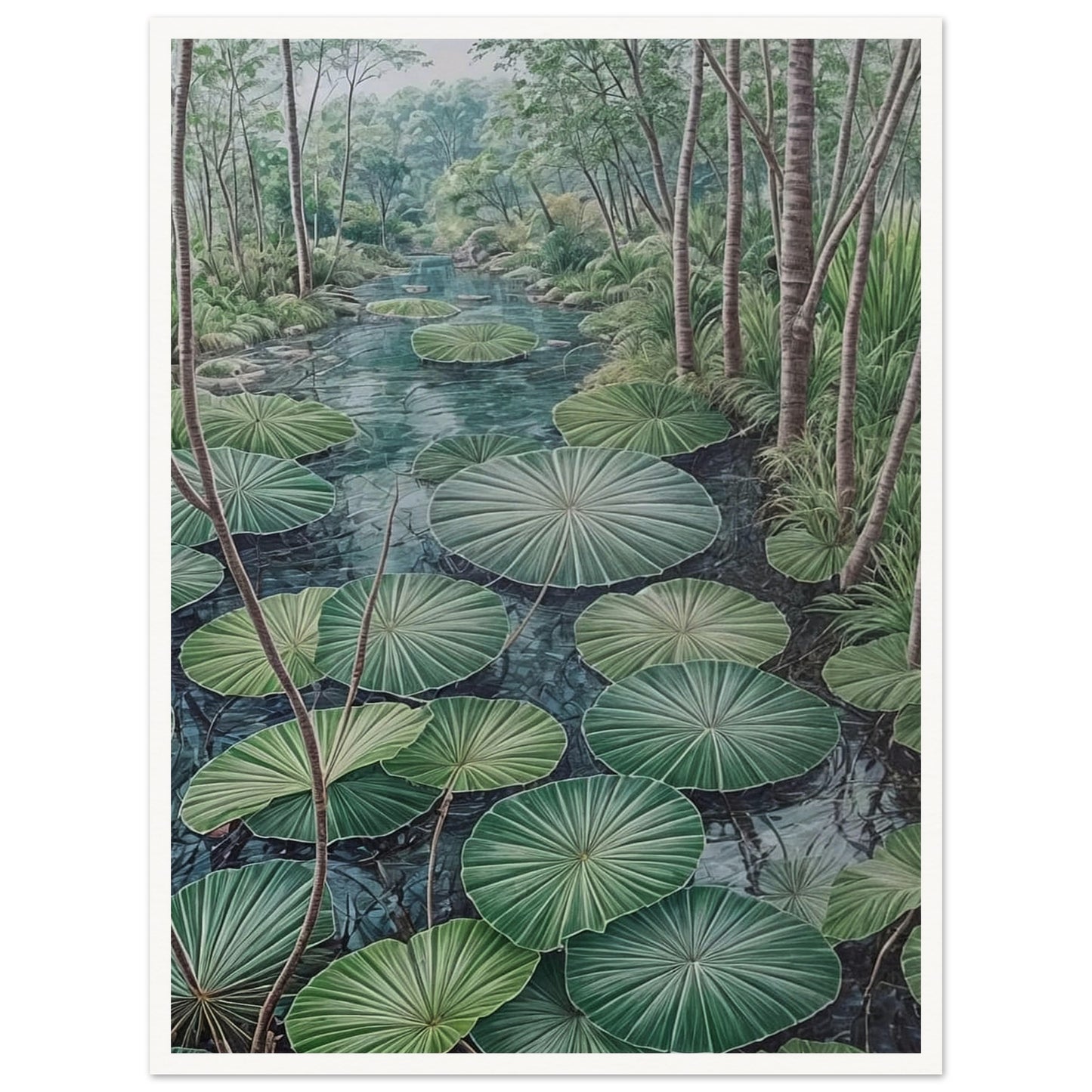 A serene painting of a lush green pond filled with large lotus leaves, surrounded by tall trees and dense foliage.