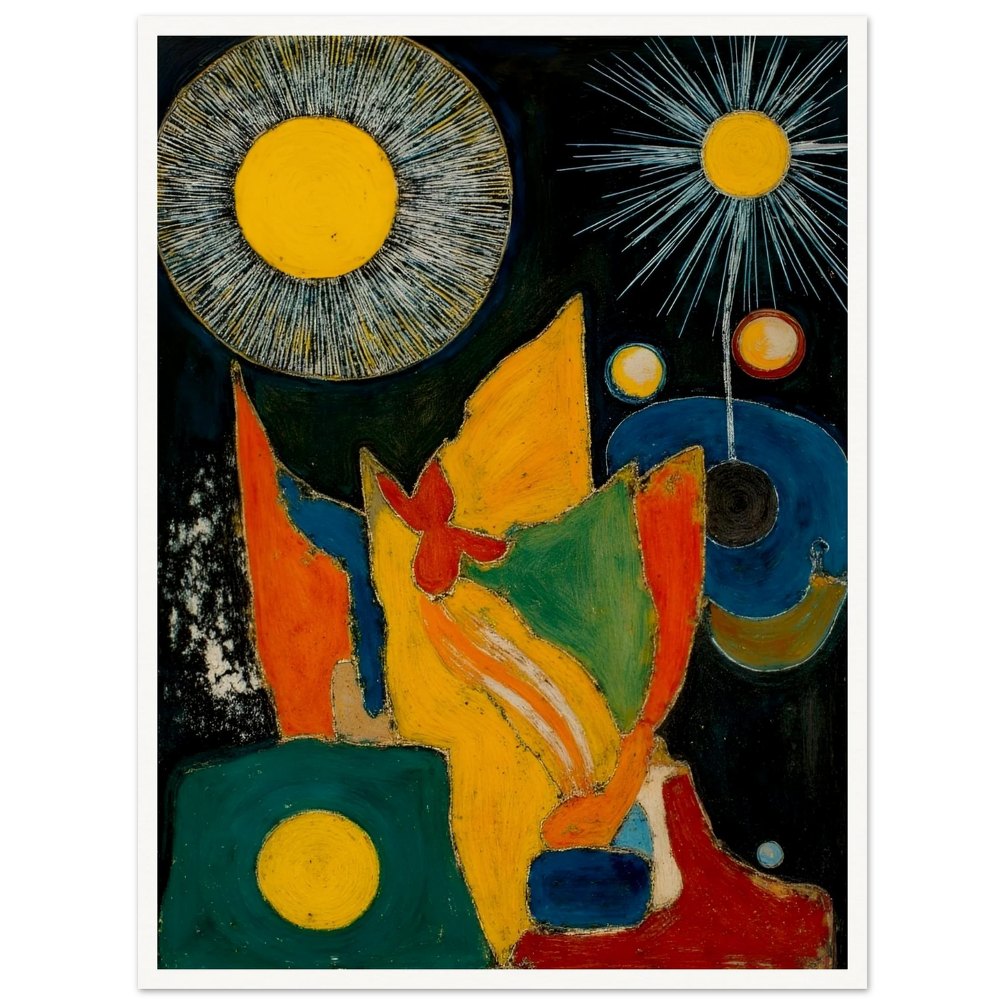 Golden sunbursts shine above vivid red, green, blue, and orange forms on a dark background.
