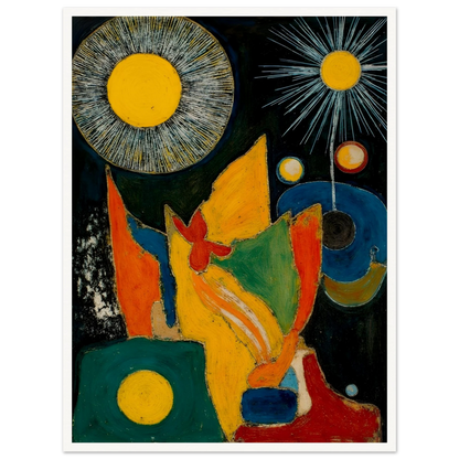 Golden sunbursts shine above vivid red, green, blue, and orange forms on a dark background.