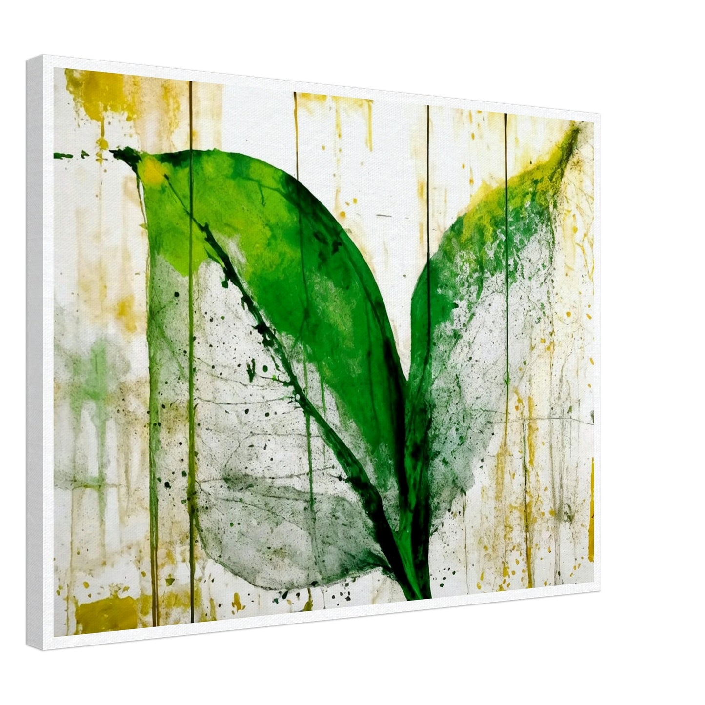 A vibrant green leaf with abstract textures and splashes of yellow on a white background, evoking a fresh and organic feel with artistic brushstrokes.