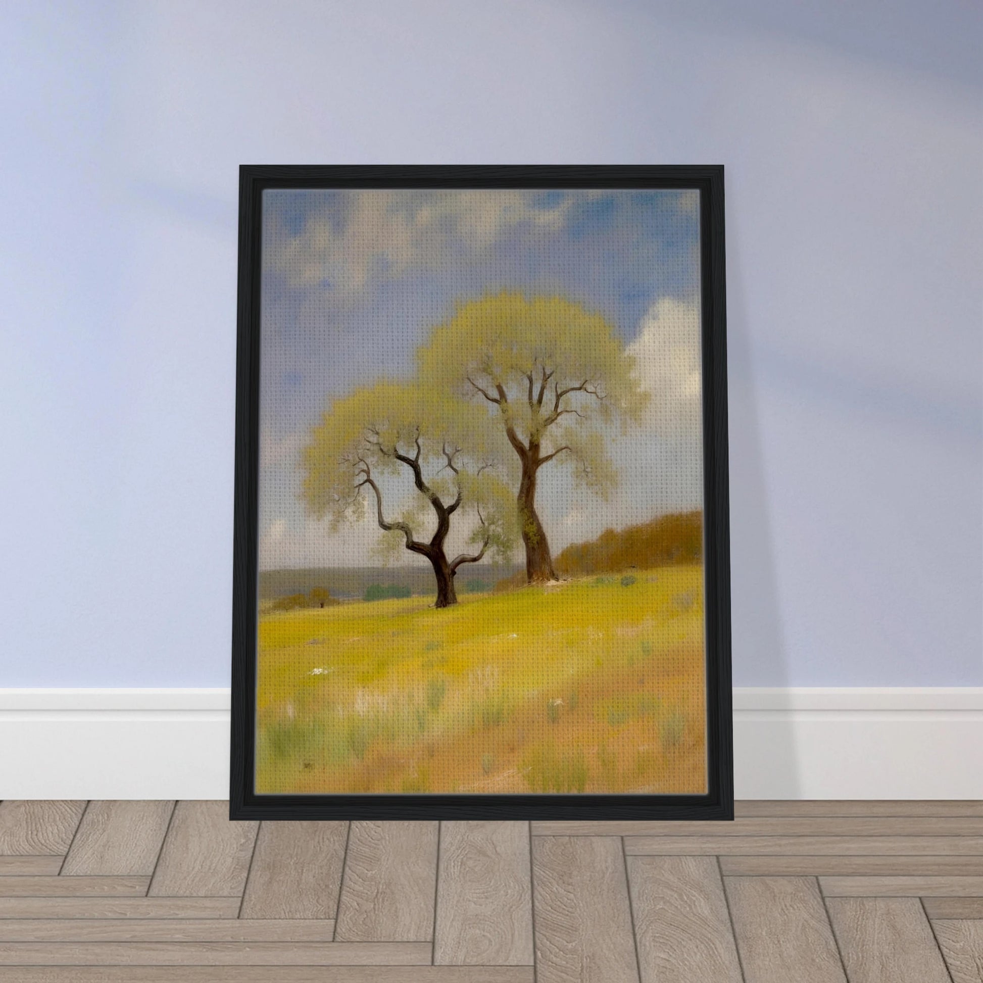 Two softly curved trees rise from a sunlit yellow-green field under a partly cloudy blue sky, evoking peace and resilience.