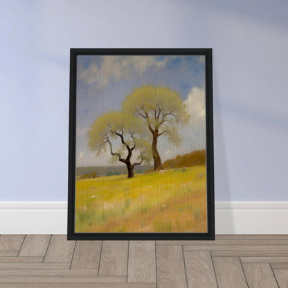 Two softly curved trees rise from a sunlit yellow-green field under a partly cloudy blue sky, evoking peace and resilience.