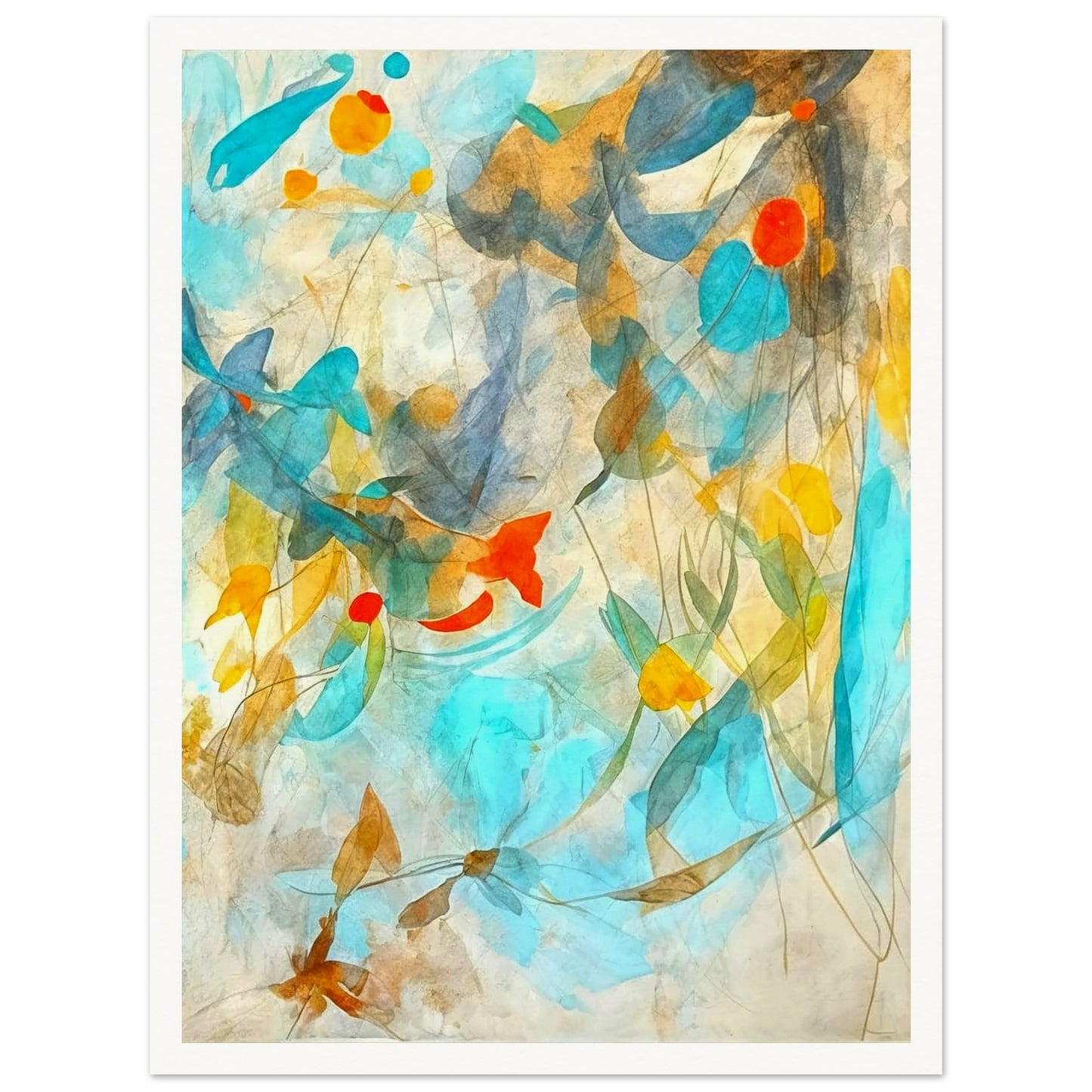 A delicate abstract painting with soft blue, yellow, and orange tones blending harmoniously, evoking the fluidity of nature's elements.