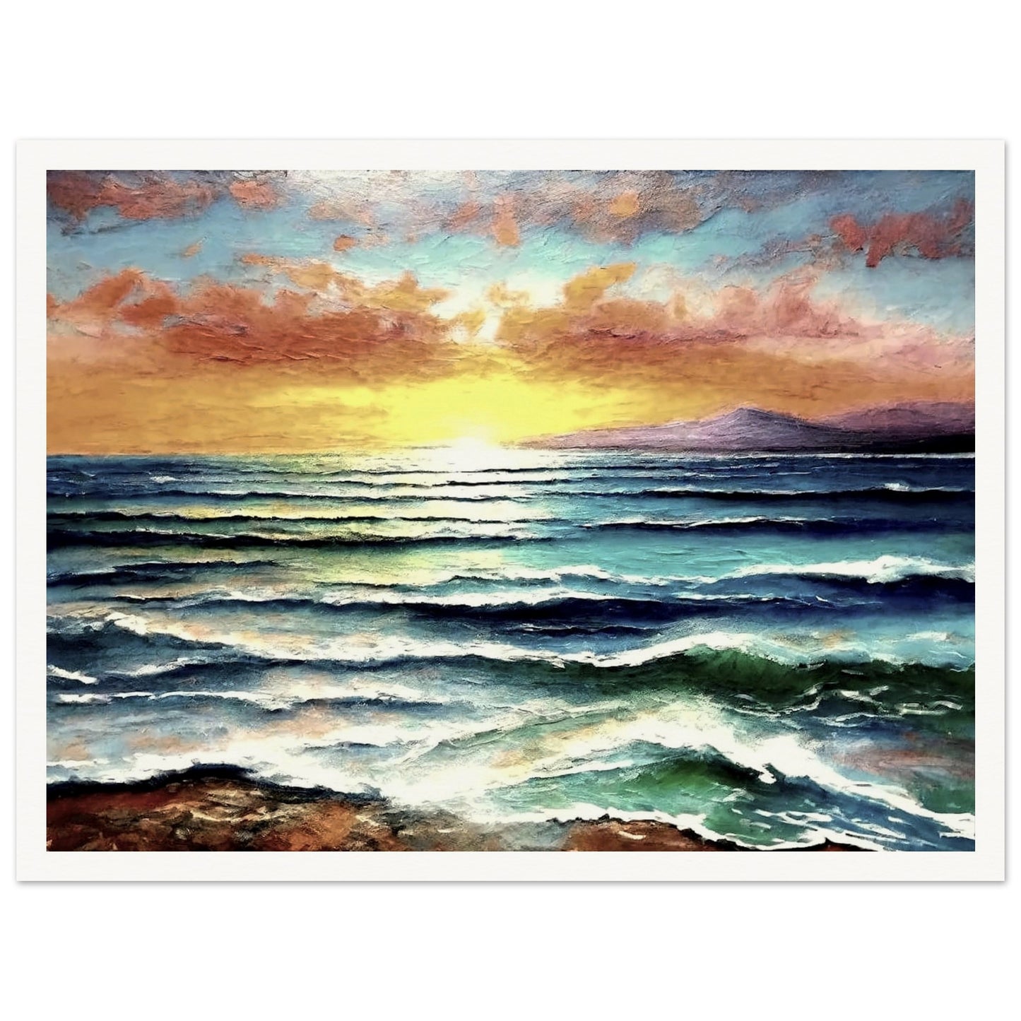 A serene view of ocean waves at sunset with a golden sky, vibrant clouds, and mountains in the distance.