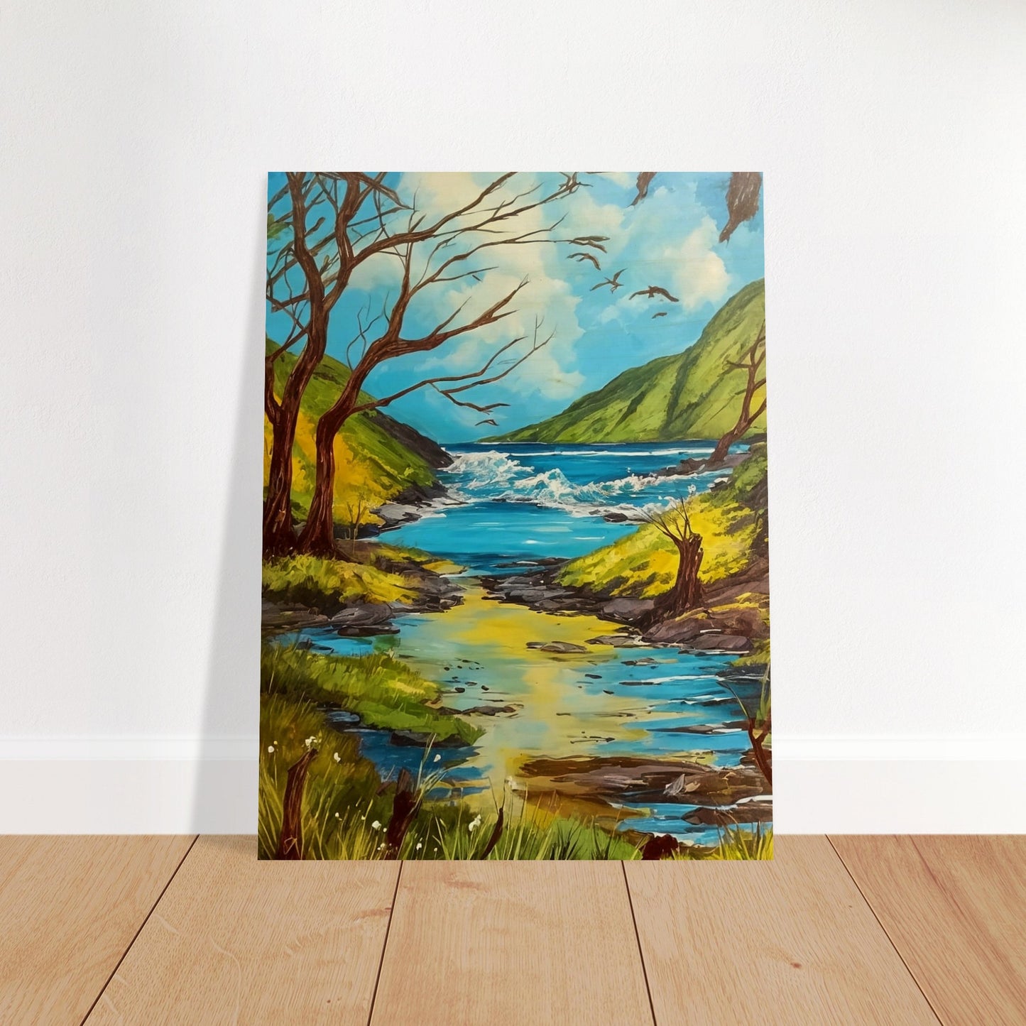 A serene landscape painting of a clear stream flowing through lush green hills, with birds flying in the blue sky and barren trees on the banks.