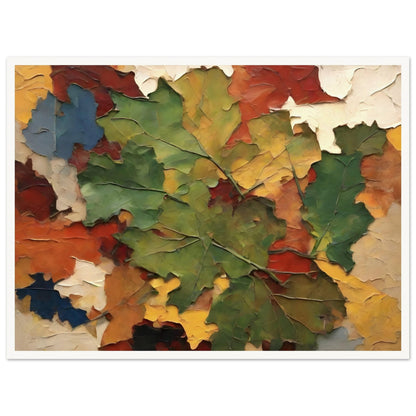 A textured painting of autumn leaves in vibrant shades of green, yellow, red, and orange, arranged in a layered, dynamic composition.