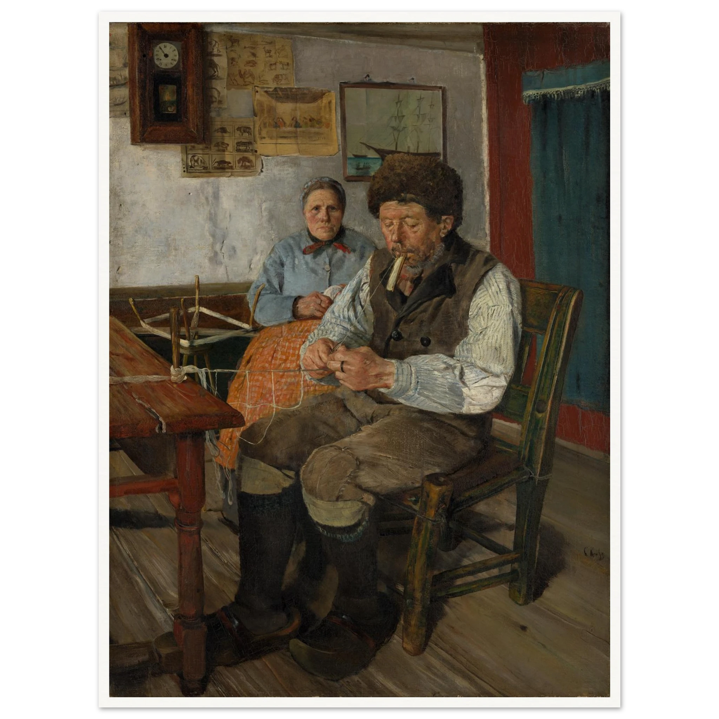Fisherman mends a net while a woman sits behind him in a modest interior
