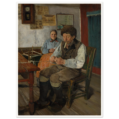 Fisherman mends a net while a woman sits behind him in a modest interior