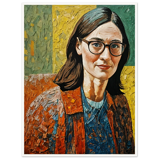 A textured portrait of a woman with glasses, deep brown eyes, and a thoughtful expression, painted with rich earthy tones.