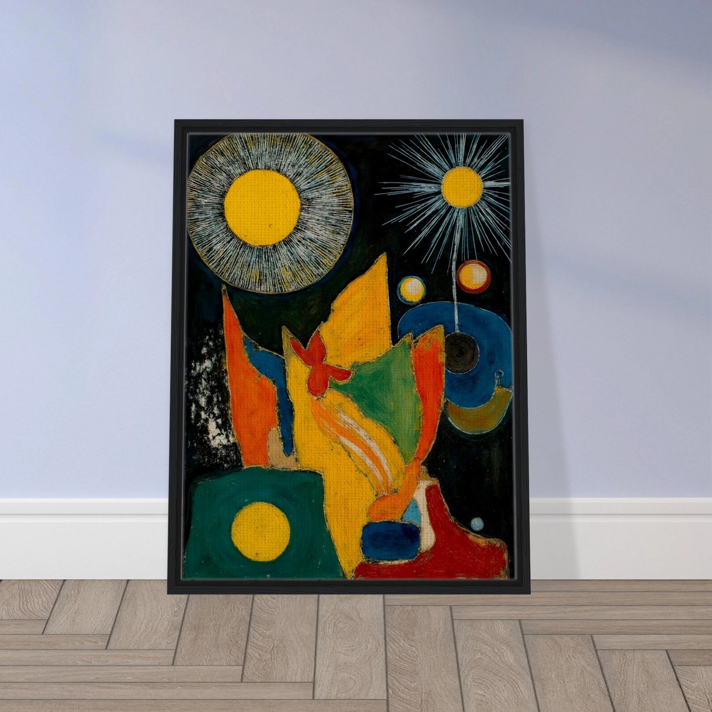 Golden sunbursts shine above vivid red, green, blue, and orange forms on a dark background.