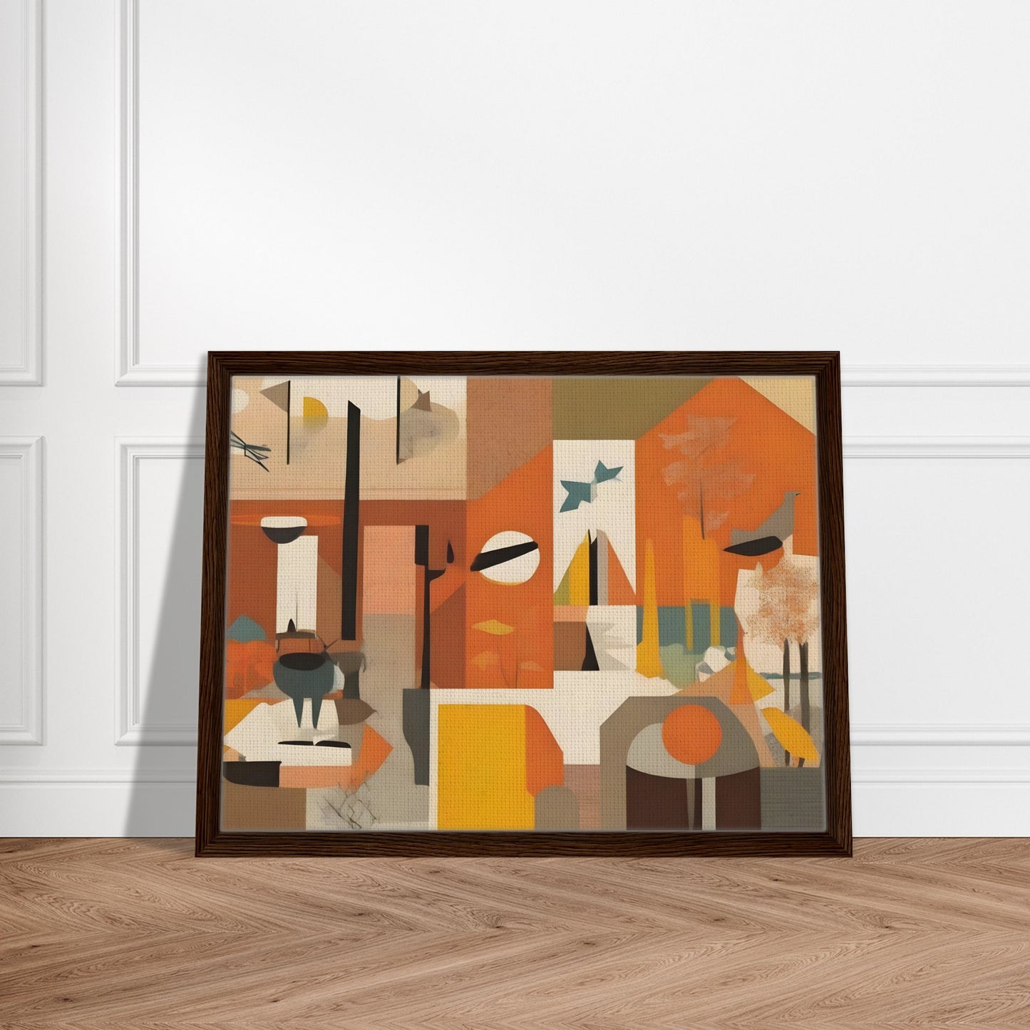 An abstract artwork featuring geometric shapes, warm autumnal tones of orange, brown, and yellow, with depictions of trees, birds, and nature-inspired elements