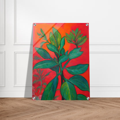 A bold botanical painting featuring lush green leaves set against a fiery red-orange background, creating a striking contrast of nature and warmth.