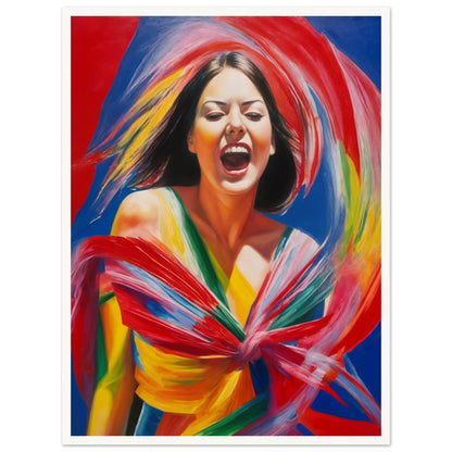 Dynamic portrait of a woman radiating joy, surrounded by swirling vibrant ribbons of red, blue, yellow, and green.