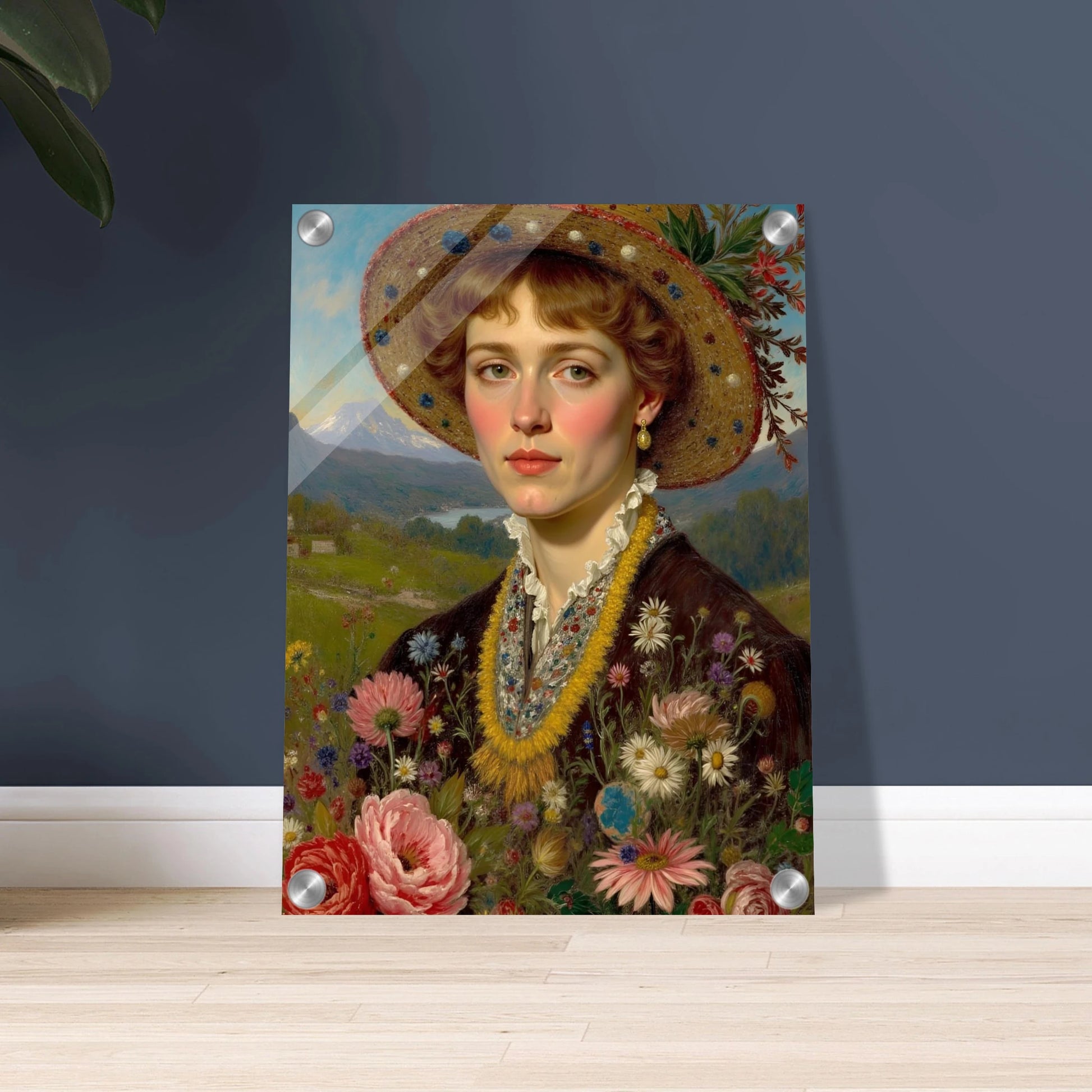 Portrait of a woman in a straw hat adorned with flowers, holding a vibrant bouquet against a mountain meadow backdrop.