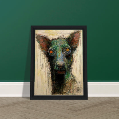 An expressive painting of a dog with piercing orange eyes, featuring textured, multicolored brushstrokes and a raw, emotional intensity.