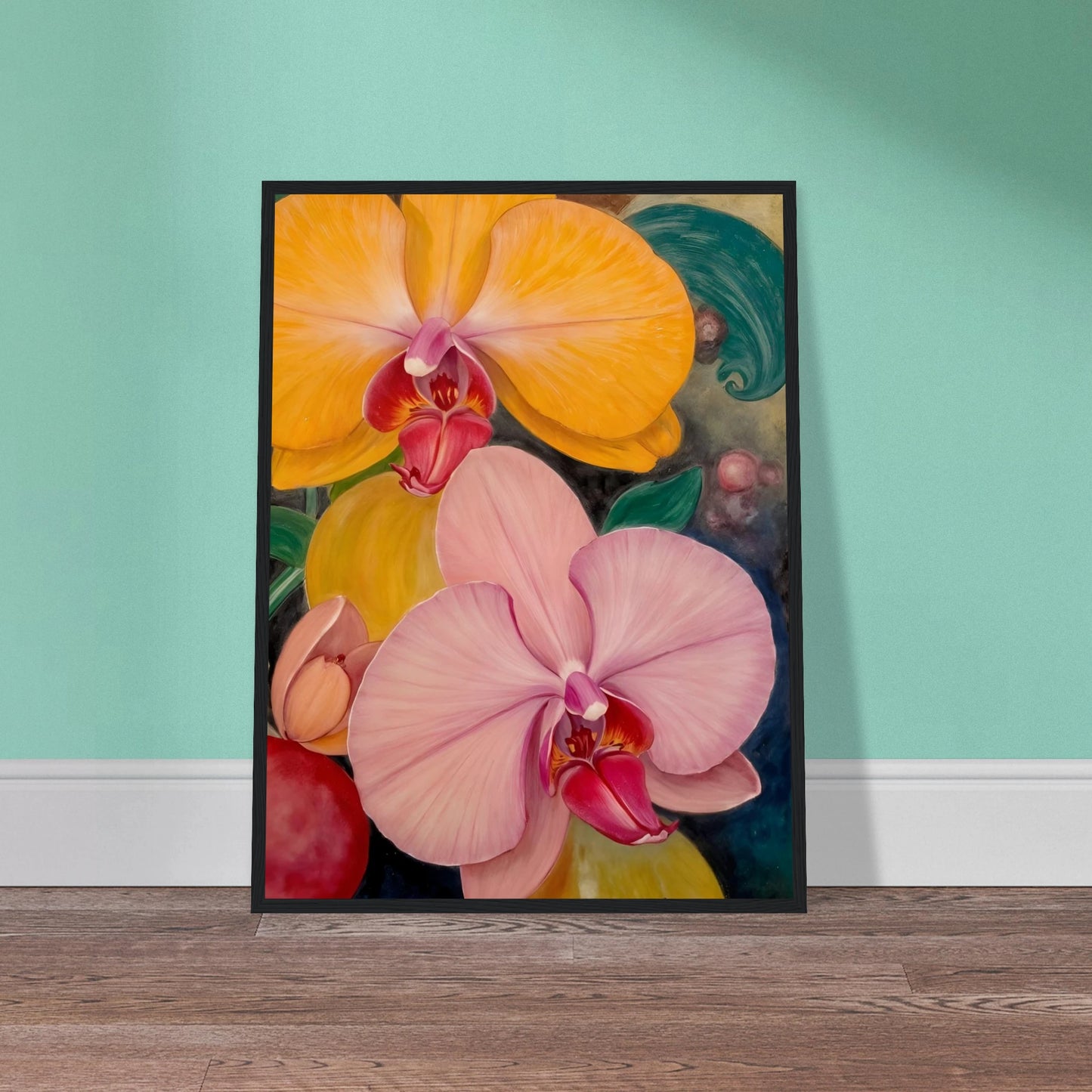 A vibrant floral painting featuring large blooming orchids in shades of golden yellow and soft blush pink, with rich magenta centers set against a dark, decorative background with lush green accents.