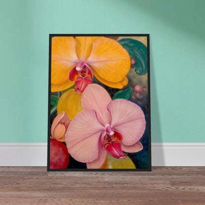A vibrant floral painting featuring large blooming orchids in shades of golden yellow and soft blush pink, with rich magenta centers set against a dark, decorative background with lush green accents.
