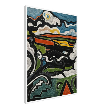 An abstract painting featuring swirling shapes and vibrant colors depicting a dynamic and imaginative landscape.