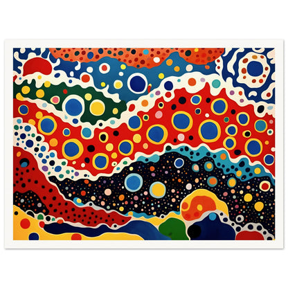 A vivid painting with bold, circular patterns and flowing waves of red, blue, yellow, and black, evoking a cosmic, energetic motion.