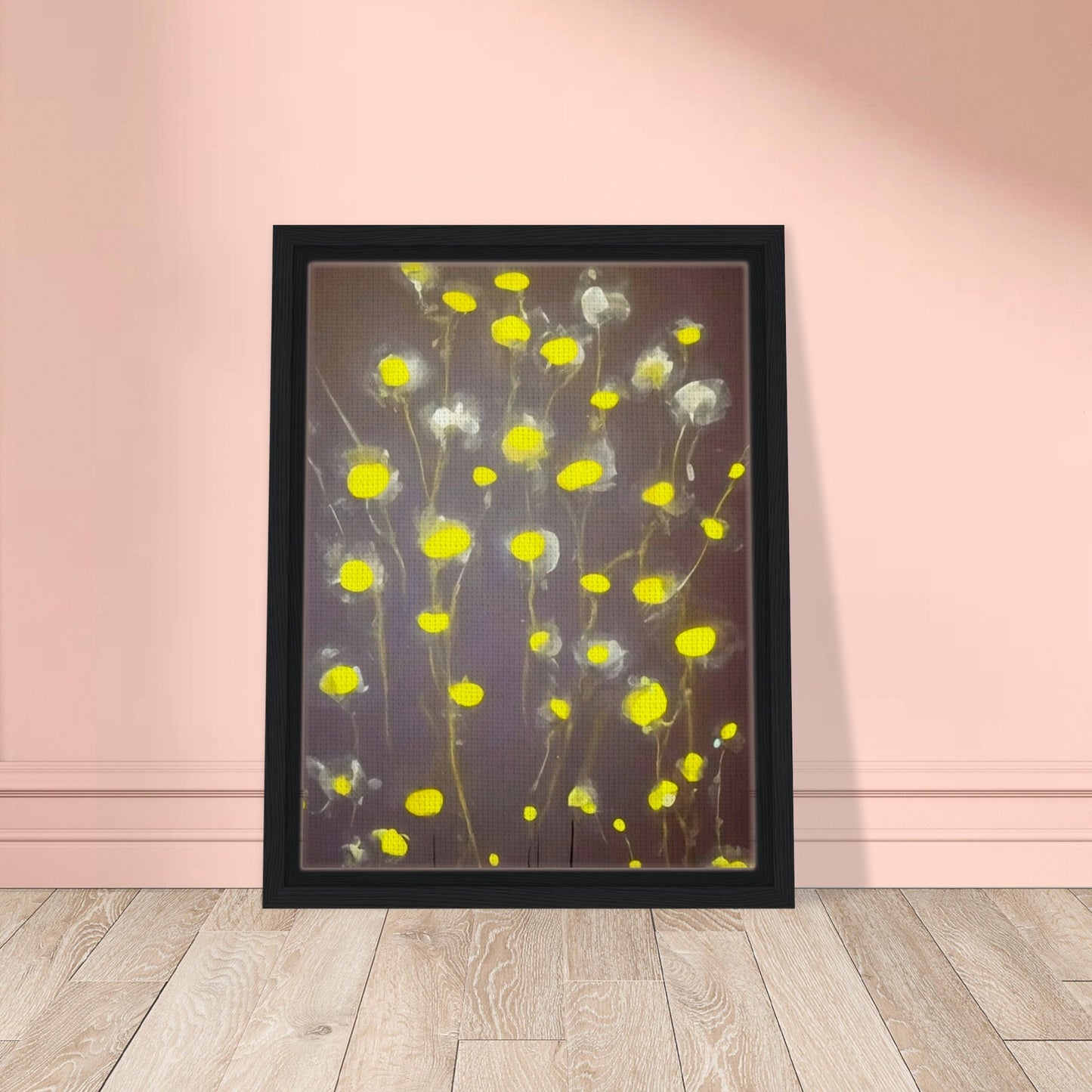 A minimalist painting featuring glowing yellow flowers with soft, translucent petals on a muted gray background, exuding a serene elegance.