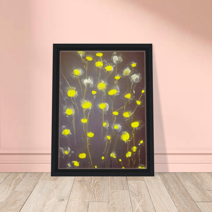 A minimalist painting featuring glowing yellow flowers with soft, translucent petals on a muted gray background, exuding a serene elegance.