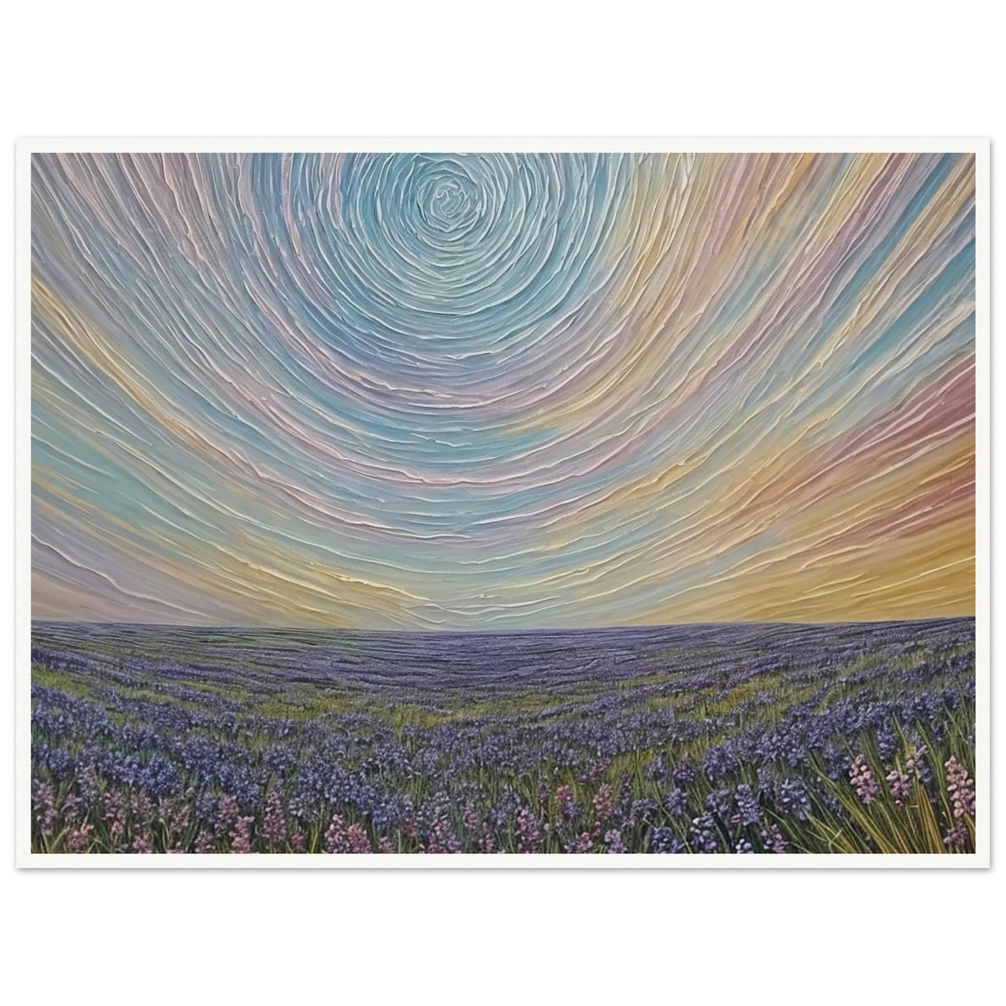 Surreal painting of a vast lavender field under a swirling pastel sky, creating a dreamlike atmosphere.