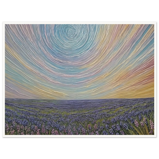 Surreal painting of a vast lavender field under a swirling pastel sky, creating a dreamlike atmosphere.