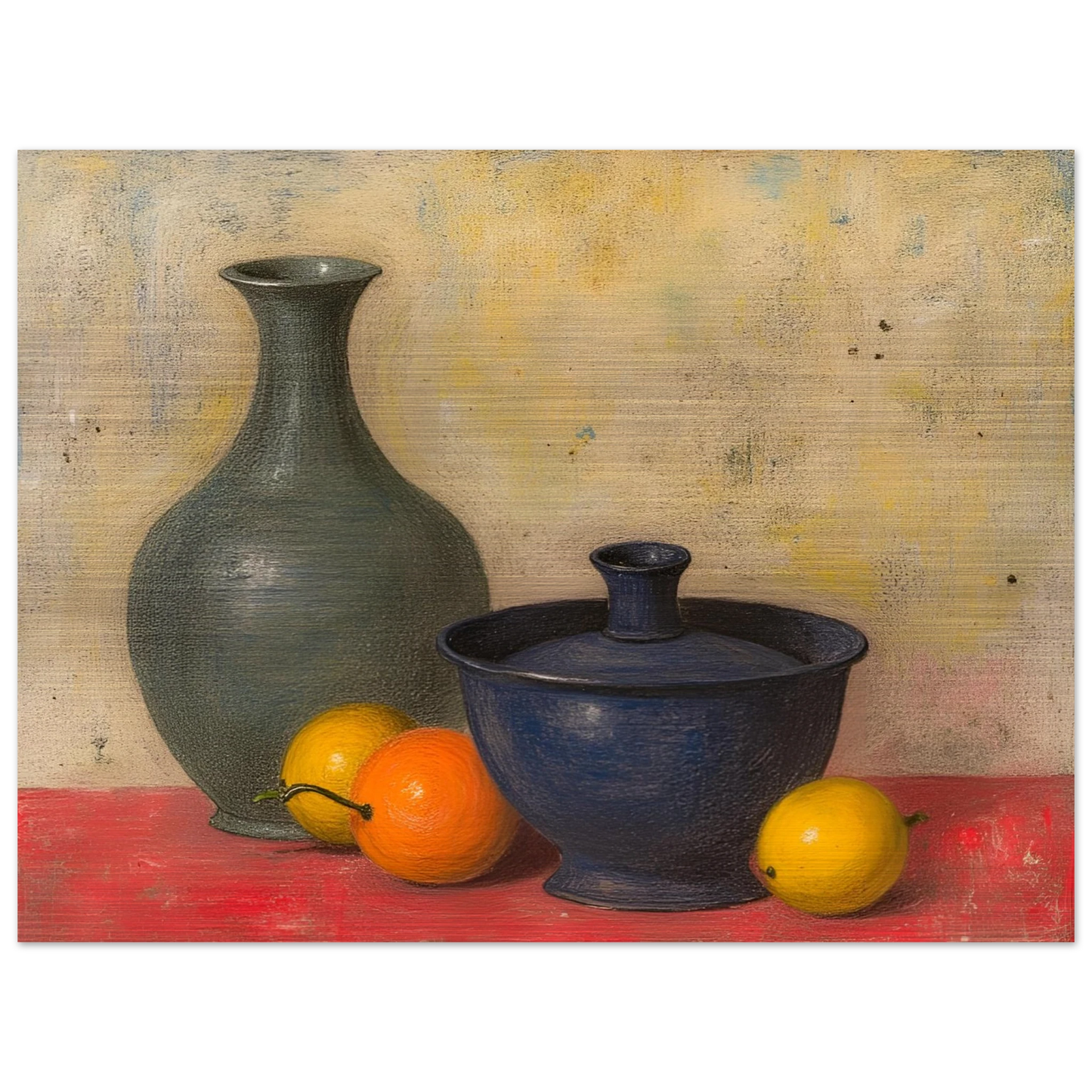 Blue and green ceramic vessels rest on a red surface beside lemons and an orange, against a softly textured neutral wall.