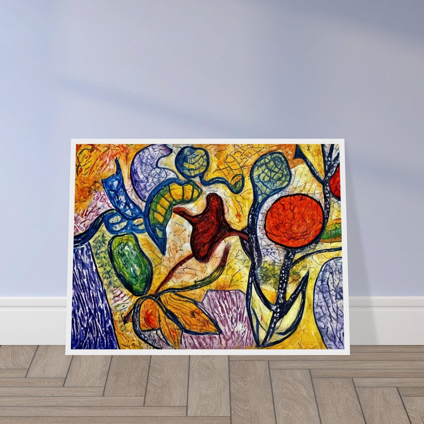 A colorful abstract painting featuring bold outlines of plants, fruits, and leaves in vibrant reds, yellows, blues, and greens