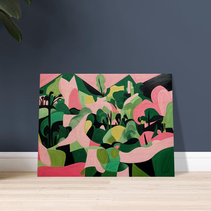 "An abstract painting filled with organic green and pink shapes, resembling a vibrant landscape of rolling hills and trees in a surreal, geometric style."